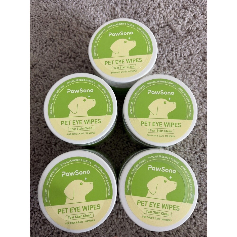 PawSono Pet Eye Wipes Tear Stain Remover 100ct Each - Lot of 5 Jars Brand New